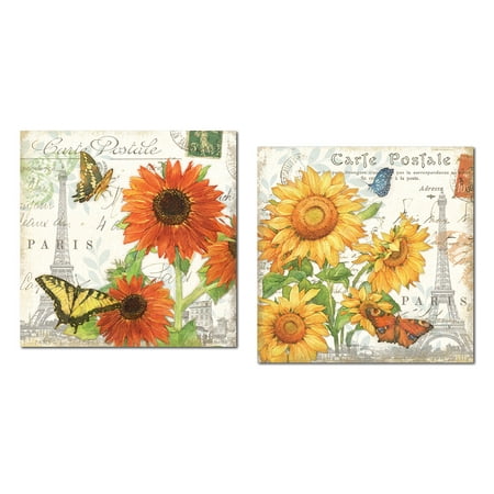 - Lovely French Carte Postale Sunflower and Butterfly Set; Floral Decor; Two 12x12in Floral Prints