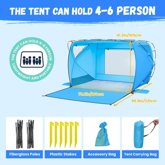 4-6 Person Beach Tent Shelter with UPF 50 , Portable Lightweight Shade for Family Outdoor Activities