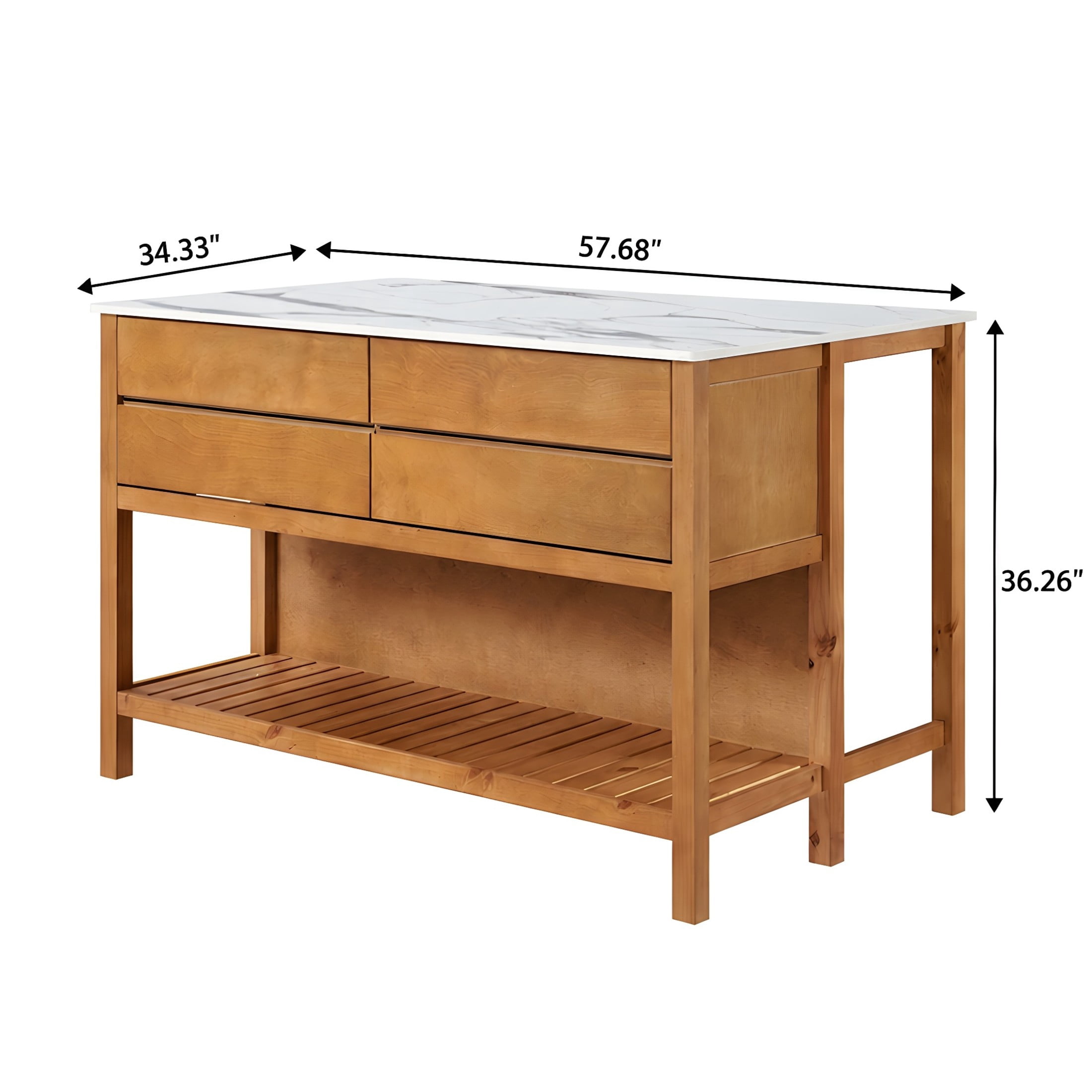 Christopher Knight Home 57" Kitchen Island Cabinet, Solid Wood with Marble Veneer Top, Natural+White