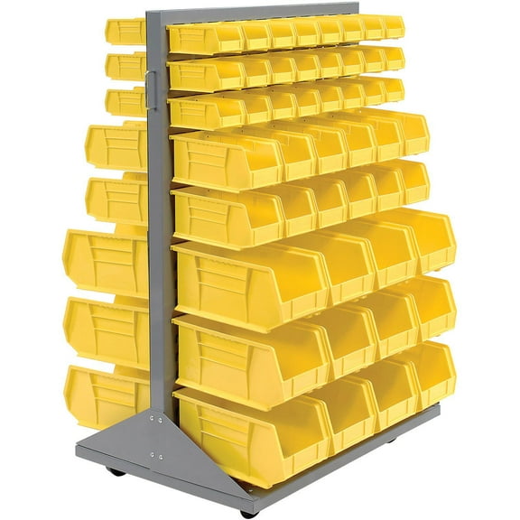 Double-Sided Mobile Rack with (100) Blue Bins, 36x25-1/2x55