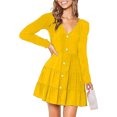thumbnail image 1 of Vestido de mujer Vestido de manga larga con cuello en V Mezcla de algodón Ropa informal Botón Ropa plisada, Amarillo, 3XL Advancent AP003993-30, 1 of 5
