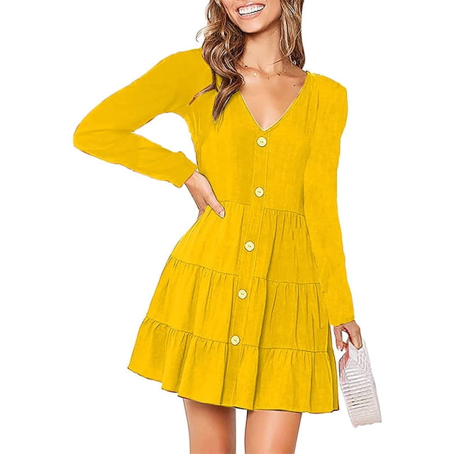 Vestido de mujer Vestido de manga larga con cuello en V Mezcla de algodón Ropa informal Botón Ropa plisada, Amarillo, 3XL Advancent AP003993-30
