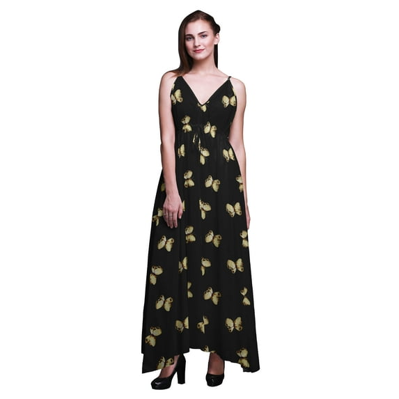 Bimba Butterfly Ladies Printed Resort Maxi Drawstring Dress Spaghetti Strap Beach Wear-Large