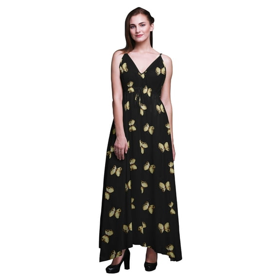 Bimba Butterfly Ladies Printed Resort Maxi Drawstring Dress Spaghetti Strap Beach Wear-Large