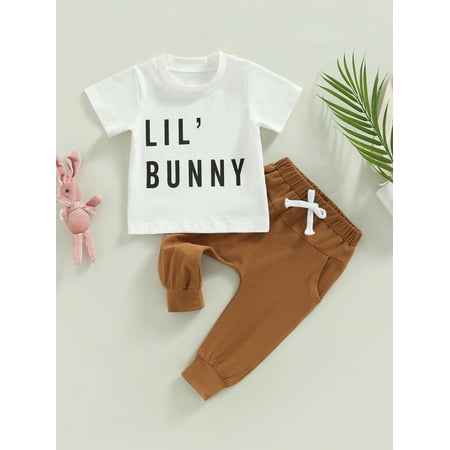 

Infant Toddler Baby Boy Easter Outfits Letter Print Short Sleeve Round Neck T-Shirt + Solid Color Jogger Pants Clothes Set (White 18-24 Months)