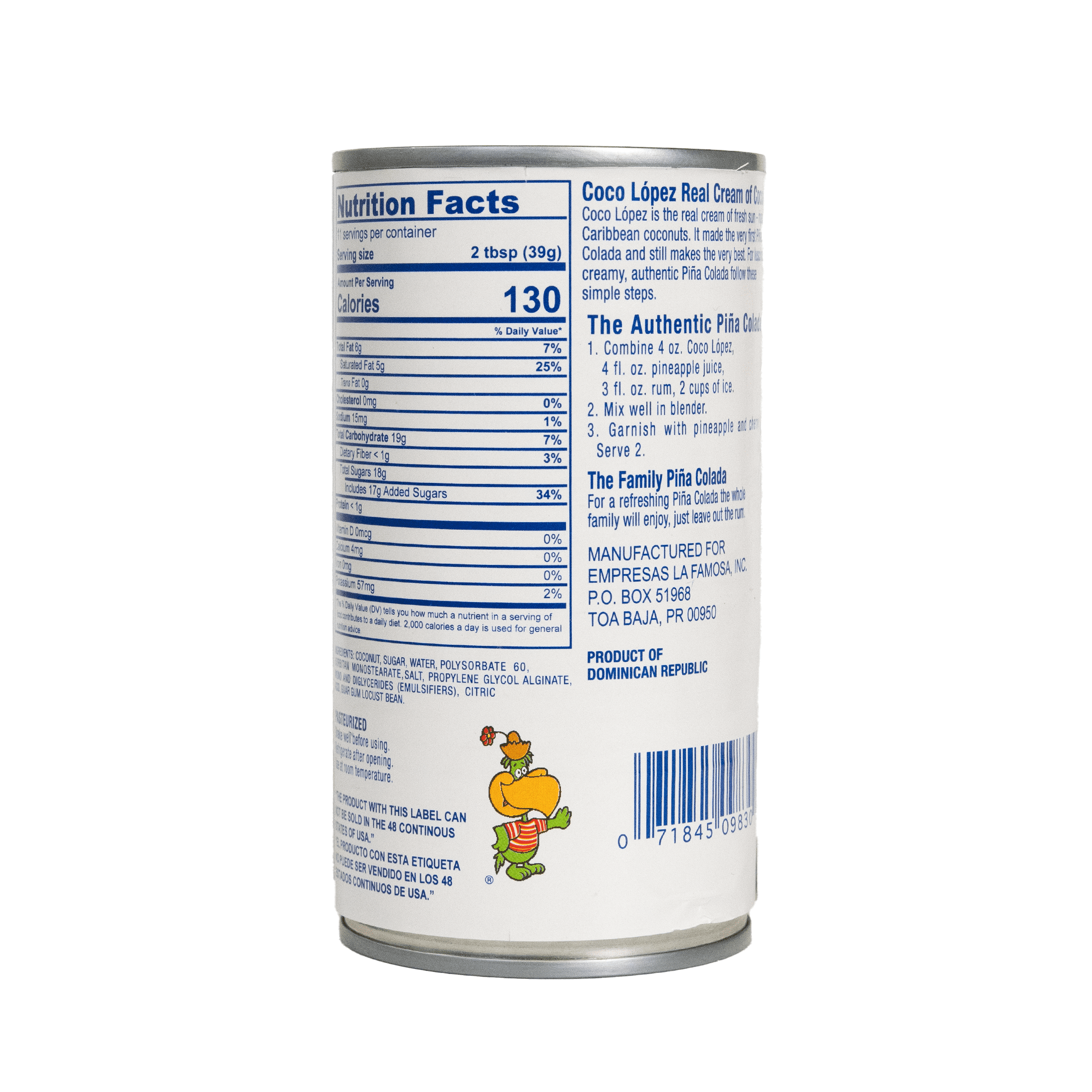 Coco Lopez, Cream of Coconut, 15oz, Shelf Stable Aluminum Can