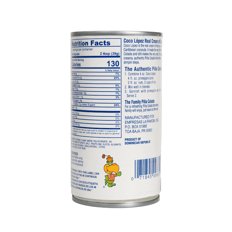 Coco Lopez Cream of Coconut 15oz Shelf Stable Aluminum Can for