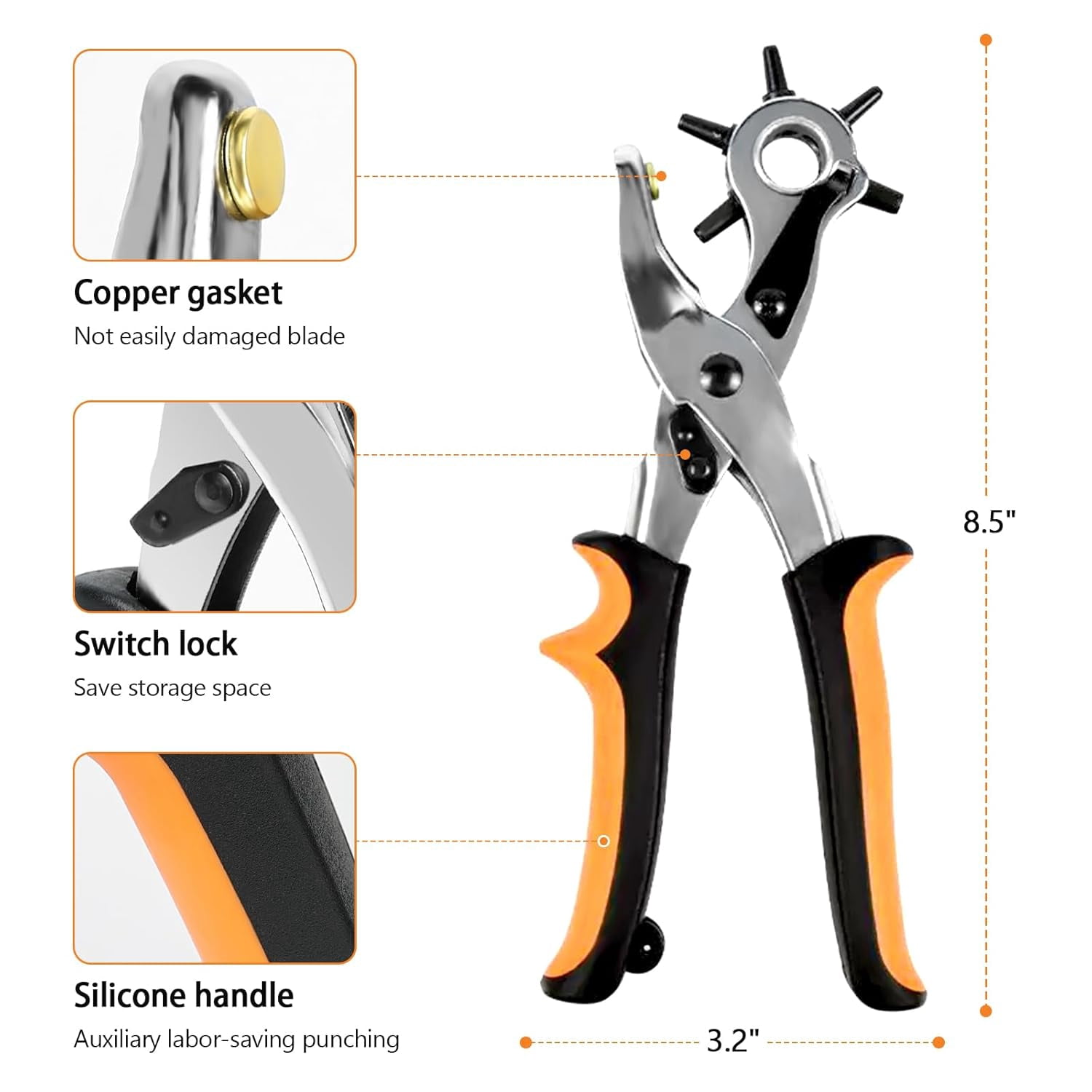 ABCISI Leather Belt Hole Punch Tool with Non-slip Handle - High-density Carbon Steel Belt Hole Punch with 6-level Rotating Circular Hole Design for Leather, Fabrics, DIY, etc.