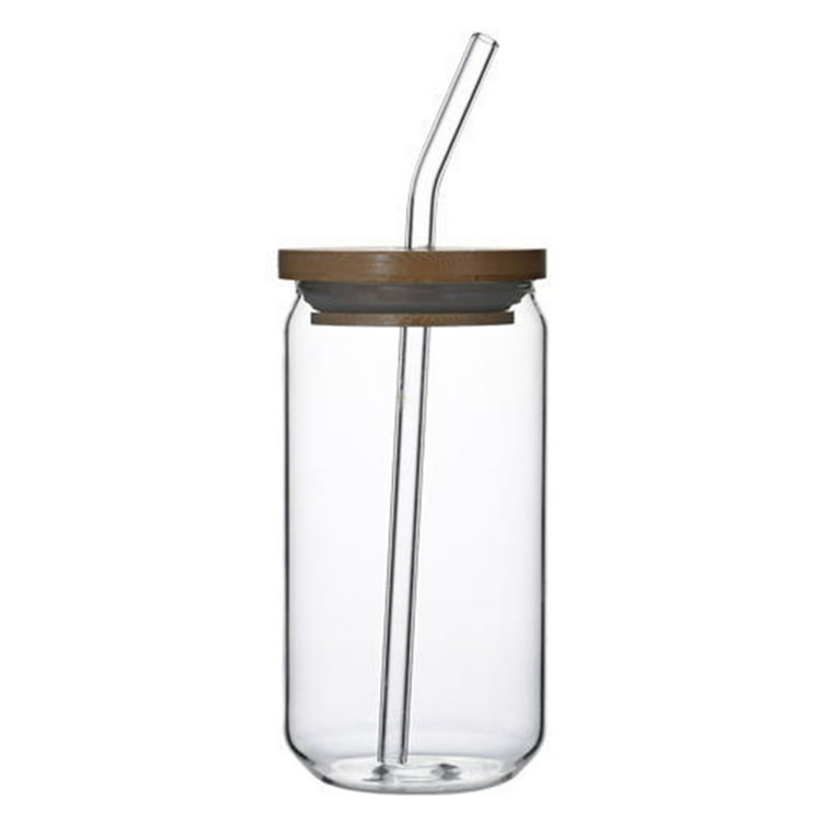 Beer Can Glass with Bamboo Lid and Glass Straw,18.6 oz Drinking Glasses with Lid and Straw,Can Shaped Glass Cup,Iced Coffee Cup, Beer Glass,Ideal for