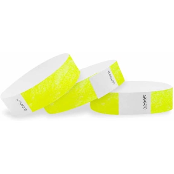 WristCo - 100 Pack Neon Yellow Tyvek Wristbands for Events - waterproof recyclable comfortable tear resistant paper bracelets wrist bands for concerts bars party festivals