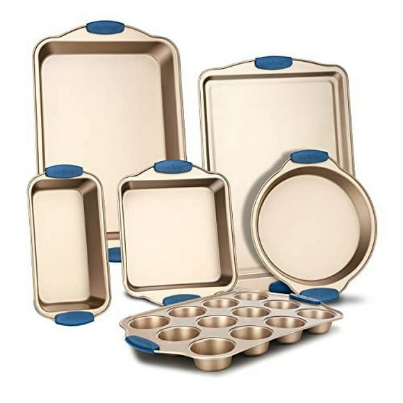 Nutrichef Ensemble de 6 Pcs de Moules à Pâtisserie Antiadhésifs - PFOA, PFOS, Plaques de Cuisson en Acier au Carbone Sans PTFE avec Poignées en Silicone Résistantes à la Chaleur, Feuille de Biscuits, Or, NCSBSG36