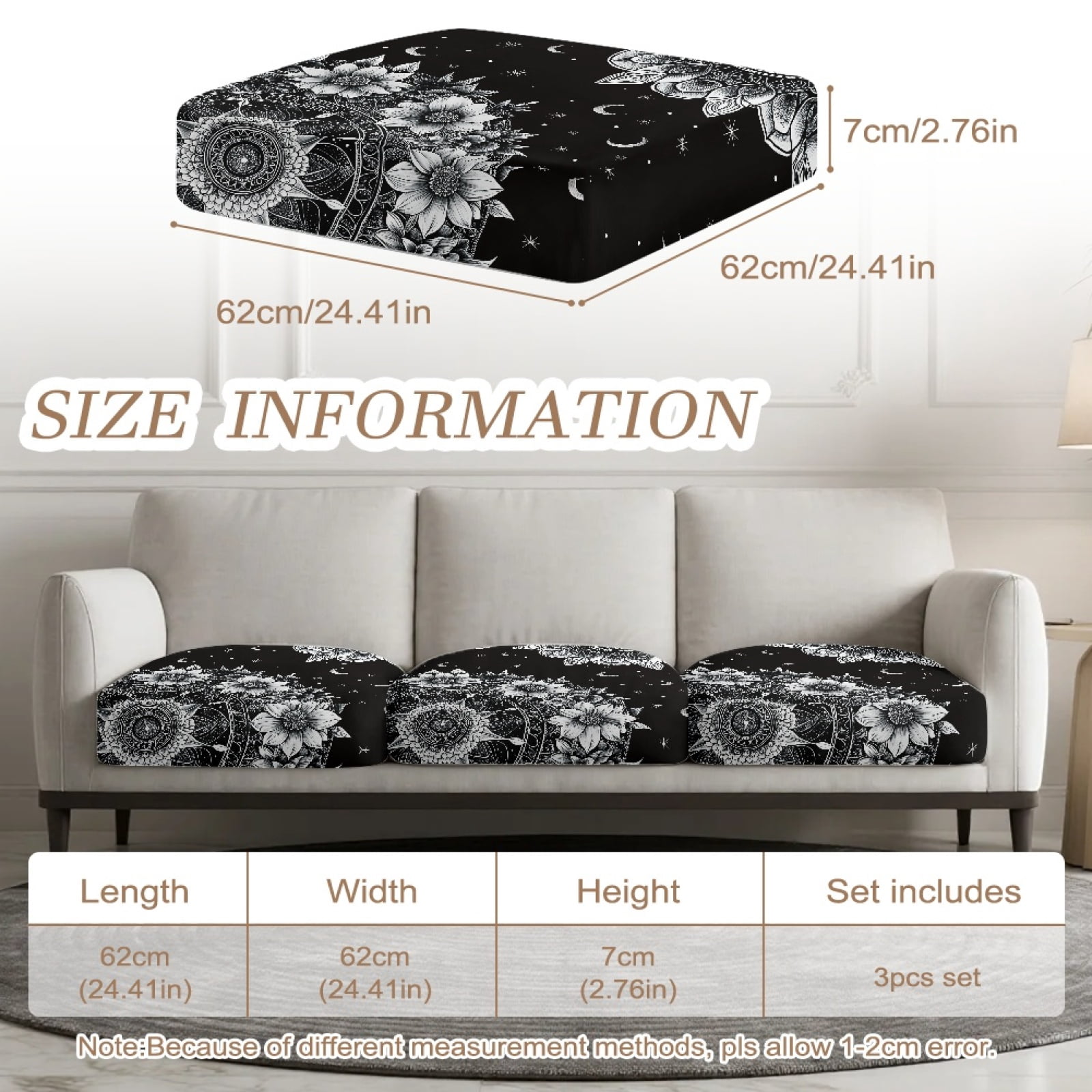 COEQINE Stretch Couch Cushion Cover Soft Sofa Couch Cover Sets Machine Washable Seat Slipcover Furniture Protector for 3 Cushion Sofa for Pets, Kids, Boho Mandala Floral Moon Stars