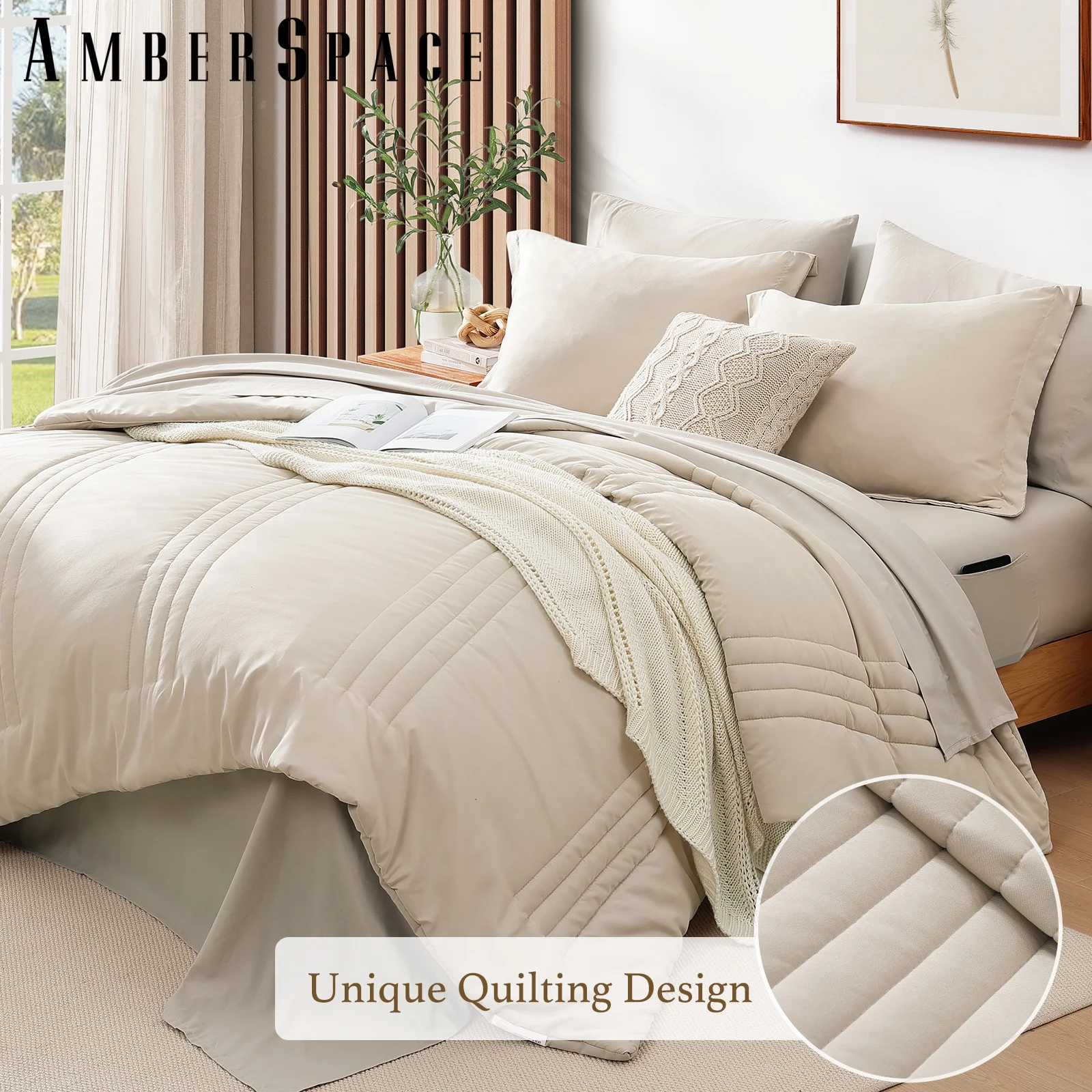 Amberspace 7-piece Bed in a Bag Comforter Set with Sheets,Beige,Queen
