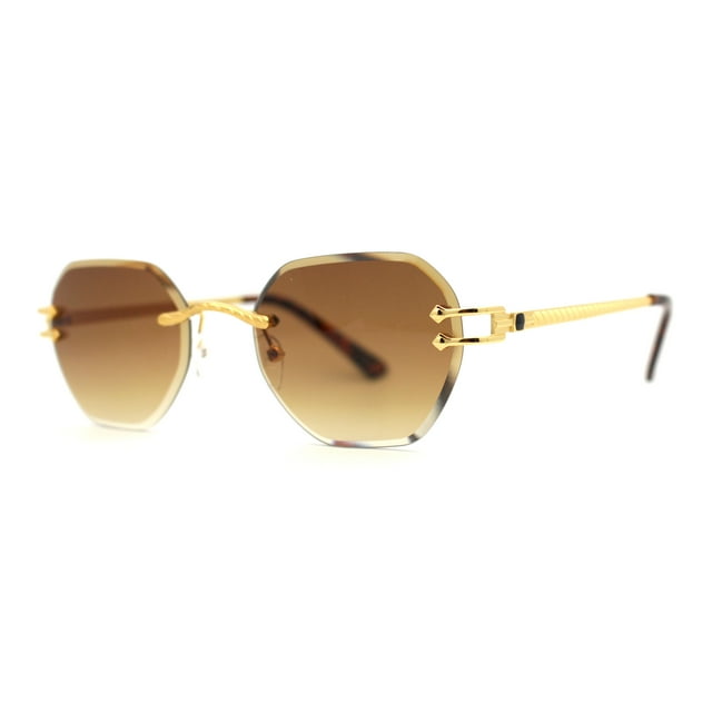 Mens Luxury Victorian Engraving Rimless Rounded Rectangle Sunglasses Gold Gradient Brown
