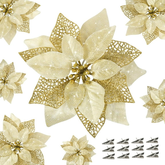 XEAZON 15 PCS Poinsettia Flower Artificial Poinsettia Christmas Decoration 8.7'' Gold Glitter Poinsettias Christmas Ornaments Xmas Tree Flower Decor with Clips DIY Xmas Wreath Holiday Home Party-Gold