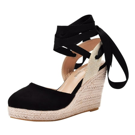 

SEMIMAY Women Bohemian Canvas Lace Up Sandals Thick Soled Ethnic Style Wedge Shoes Black