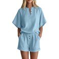 thumbnail image 3 of Bovxnpu Women's 2 Piece Outfits V Neck Short Sleeve Loose Summer Top Shorts Set, 3 of 7