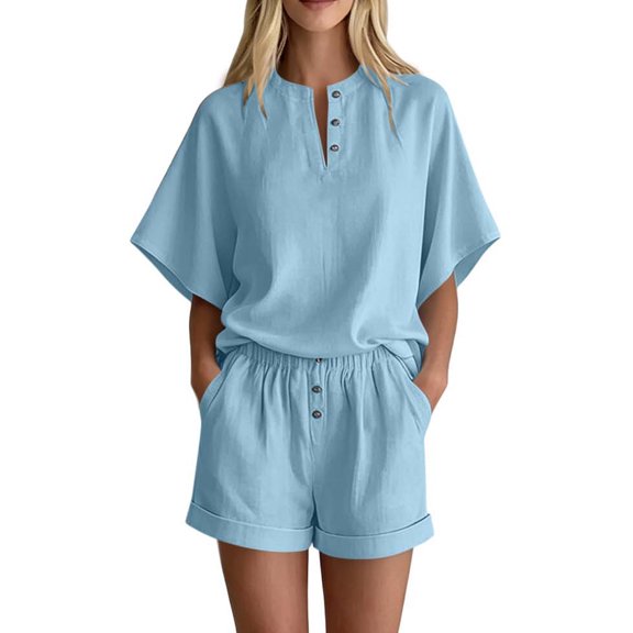 KyCheLot Womens 2 Piece Outfits Solid Color Short Sleeve Button V Neck Sleepwear Shorts Loose Trendy Loungewear