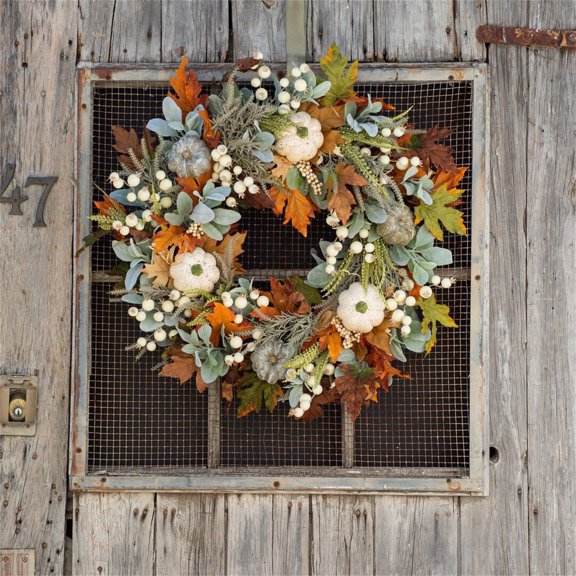 Fall Wreaths for Front Door-Rustic Autumn Wreath with Pumpkin,Rose,Berry Branchesm,Mixed Leaves, Wreath Fall Door Wreath for Halloween Thanksgiving Decor (13.77inchX13.77inch)