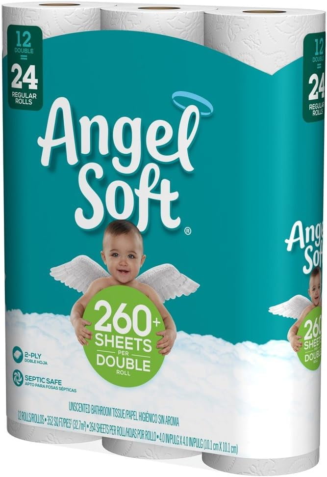 ANGEL SOFT Toilet Paper Bath Tissue, 12 Double Rolls, 260+ 2-Ply Sheets Per Roll