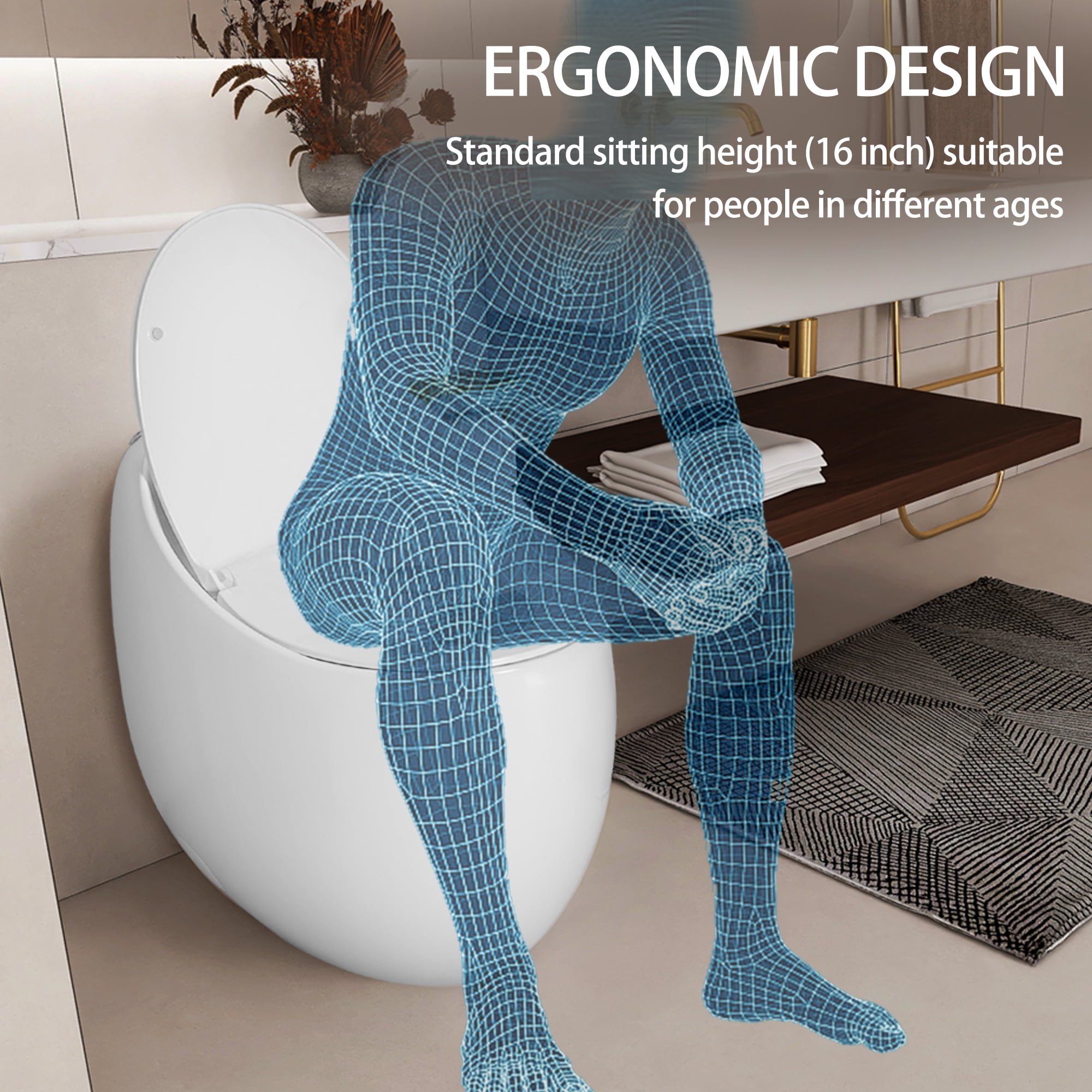 Leumius One-Piece Toilet,1.1/1.28 GPF Powerful Dual Flush Egg Shape Toilet, Button on Tank Top,Comfort Chair Height,White