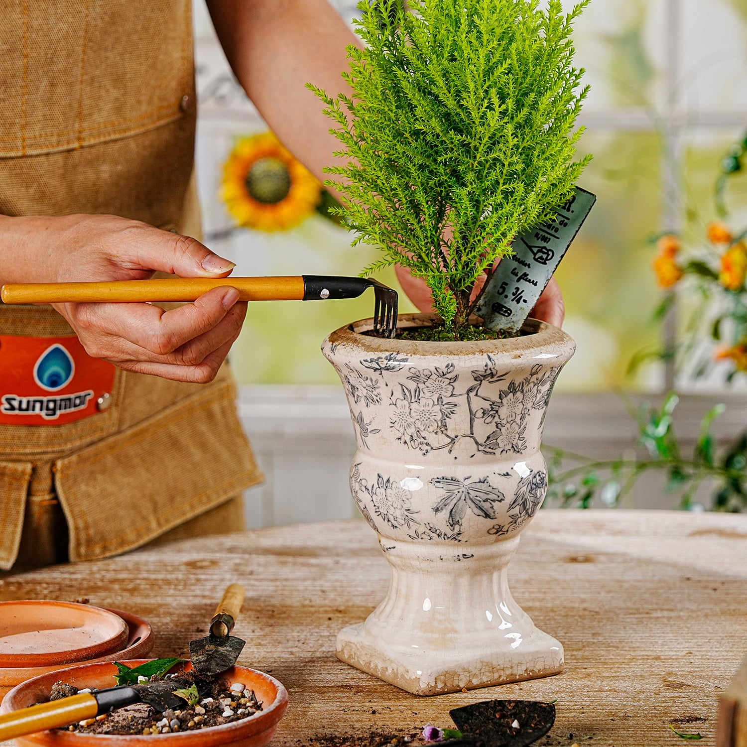Sungmor Small Ceramic Urn Planter - Grey Scroll Floral Pedestal Flower Pot, Decorative Vintage Chinoiserie Style Planters, Tuscan Accent Vase Indoor Outdoor Plant Holder with Drainage