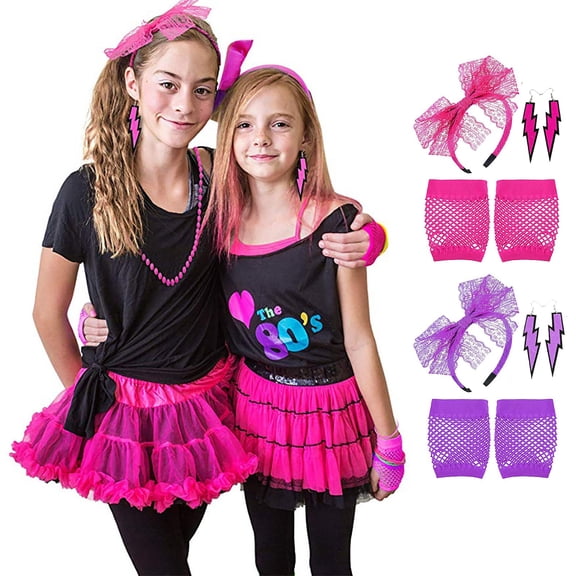 WHEANG 3 Pack Lace Headband Neon Dangle Earrings Fingerless Gloves Retro Party Outfit Kit for Women 1980s Theme Halloween Supplies Hair Accessories for Women Purple
