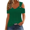 thumbnail image 2 of HOMBOM Women Shirts Green Fashion Cutout Short Sleeve Solid Off The Shoulder Crew Neck Shirts 2XL, 2 of 7