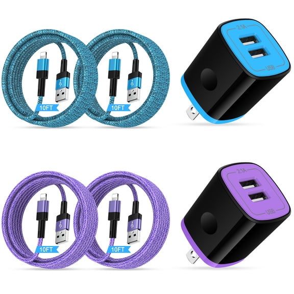 2 Pack Compatible with iPhone Charger with 4pcs USB A to Lightn-ing Cable 10FT,Dual Port Charger Block Phone Charger with Fast Charging Cord, USB Wall Charger Aadpter Compatible for iPhone14/13/12/11