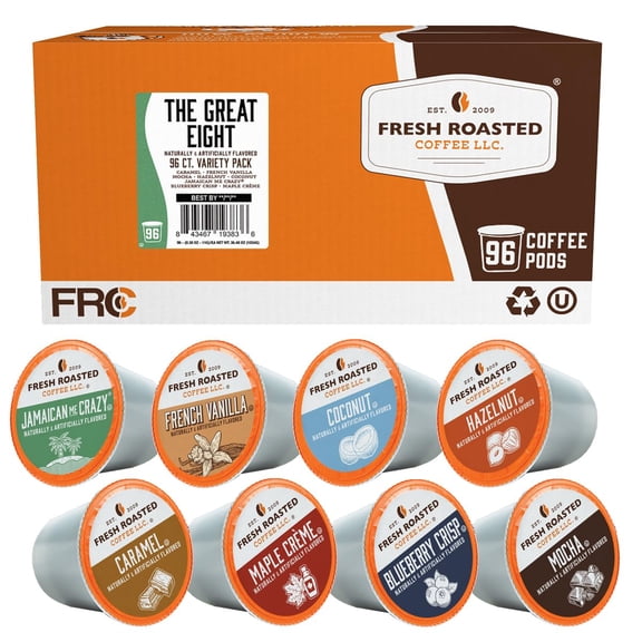 Fresh Roasted Coffee, The Great Eight, Flavored Coffee Pod Variety Pack, K-Cup Compatible, Medium Roast, 96 Count