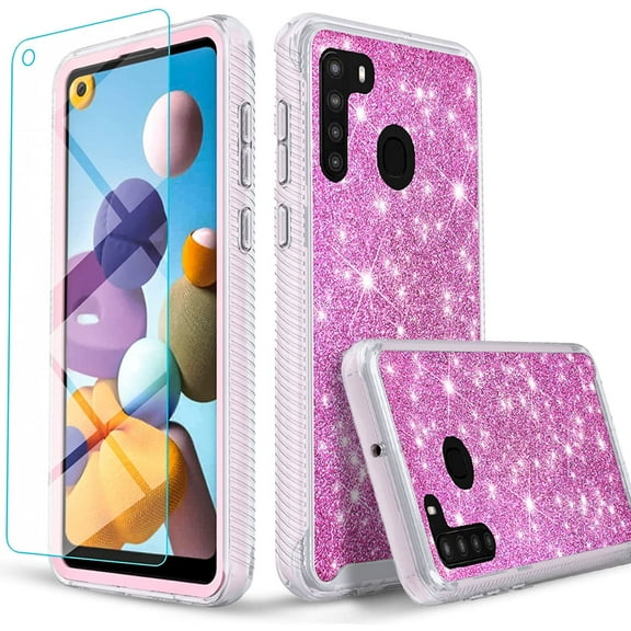 Samsung Galaxy A21 Case, [Not Fit Samsung A21S/A11] with [Tempered Glass Screen Protector], Military Grade 12 Feet Drop Proof Phone Cover With Glitter Spot Diamond-Pink