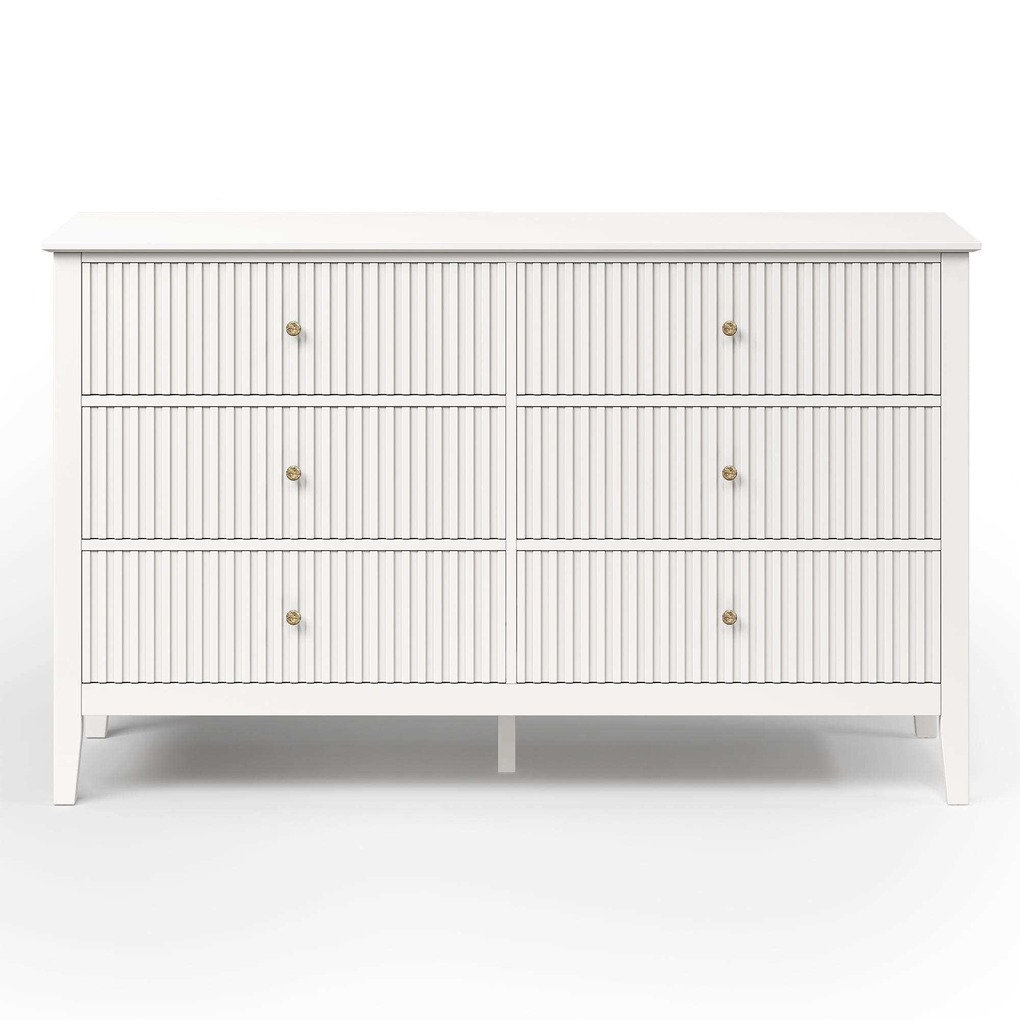 May in Color Fluted 6 Drawer Dresser, Wide Modern Chest of Drawers, Large Wood Storage Cabinet Organizer for Bedroom, Living Room, Hallway, Entryway, White