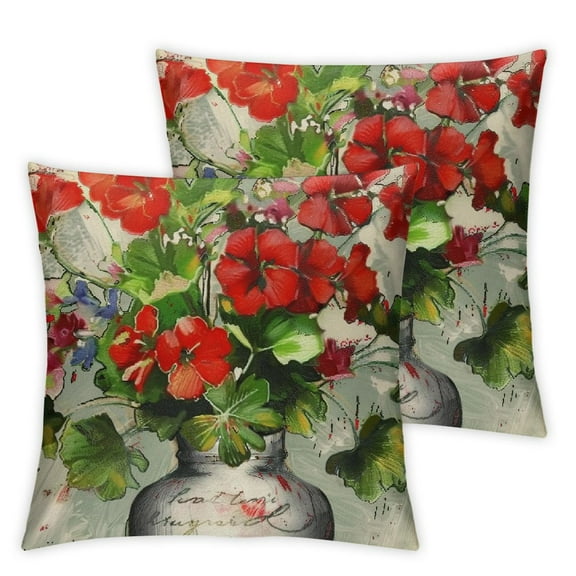 nygtbtfer Red Geranium Flower Decorative Throw Pillow Covers Set of 2, Sweet Home Floral Bloom Spring Summer Cushion Case Decor, Plant Botanical Decoration for Sofa Couch White