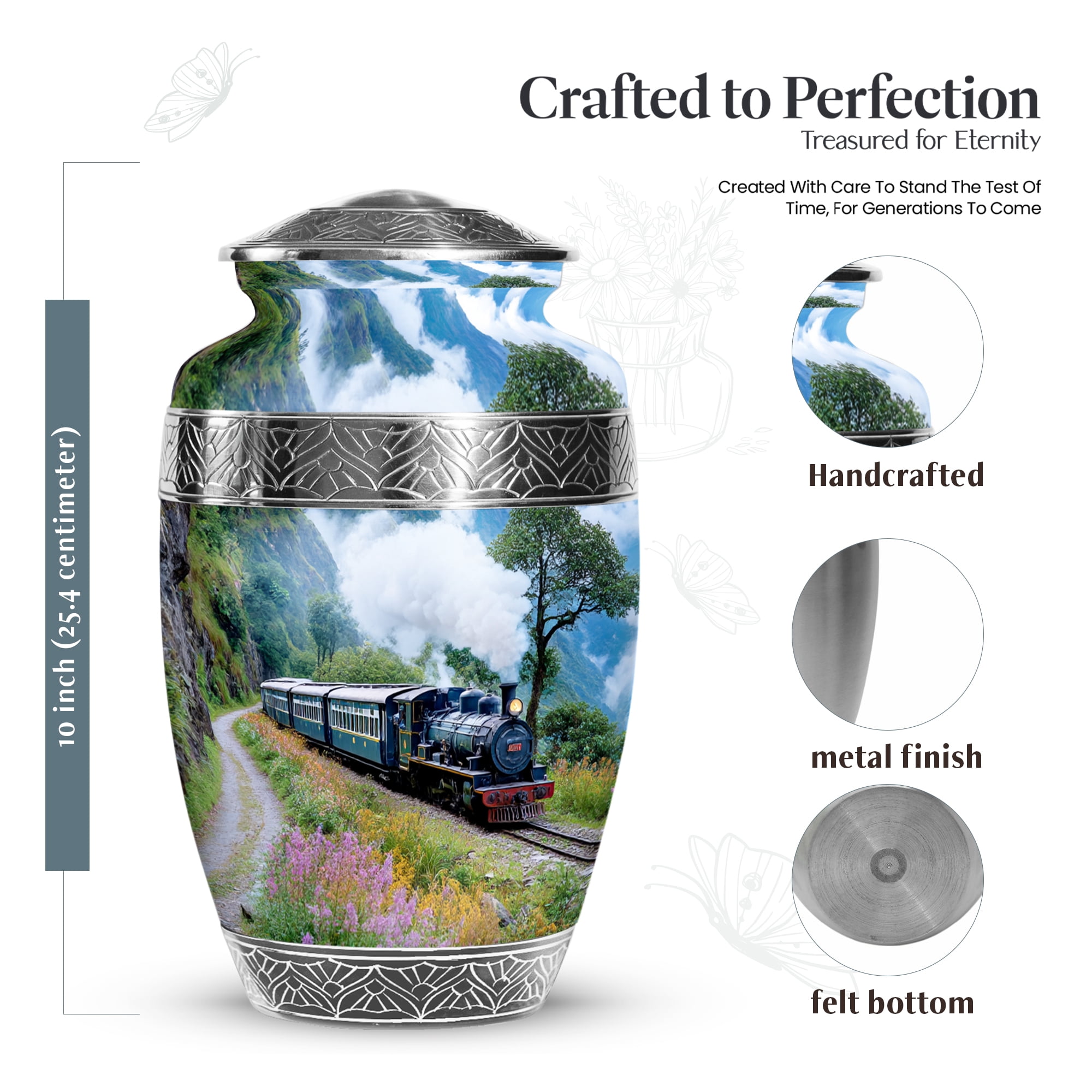 MUKTIVE Train Burial Urns for Adult, Funeral Mountain Urns for Human Ashes Adult Male & Female, Decorative Pink Flower Cremation Gift Urn, Large Memorial Urn for Ashes for Mom & Dad, 10 Inch (Grey)