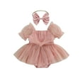 thumbnail image 2 of Newborn Infant Baby Girls Romper Dress 6M 12M 18M 24M Short Sleeve Bow Tulle Jumpsuits Summer Bodysuits with Headband Toddler Clothing, 2 of 10