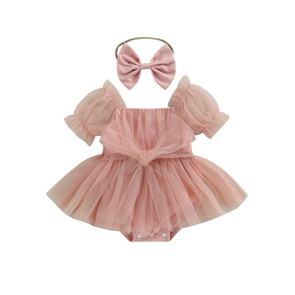 Bagilaanoe Newborn Baby Girl Rompers Dress Short Sleeve Bodysuit Headband 6M 12M 18M 24M Infant A-line Tulle Dress
