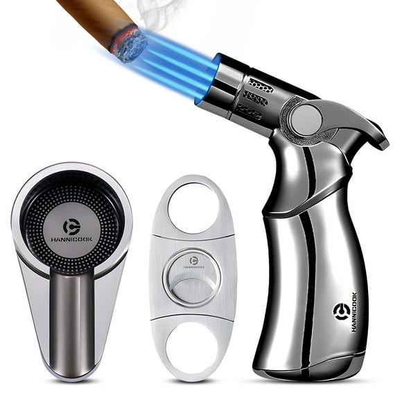Cigar Cutter and Lighter Ashtray 3 Pieces Set Stainless Steel Sharp Cigar Cutter and Quadruple Jet Flame Lighter and Travel Single Cigar Ashtray with Gift Box Cigar Accessories for Men