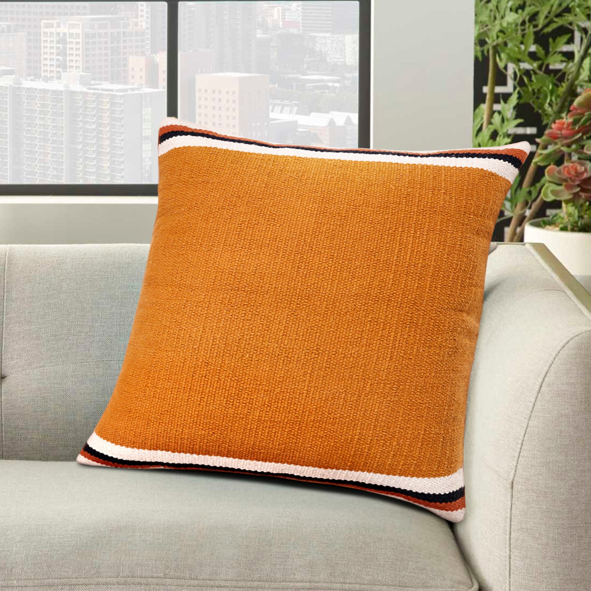 Laddha Home Designs Handwoven Striped Cotton Throw Pillow Cover - 20" - Orange and White