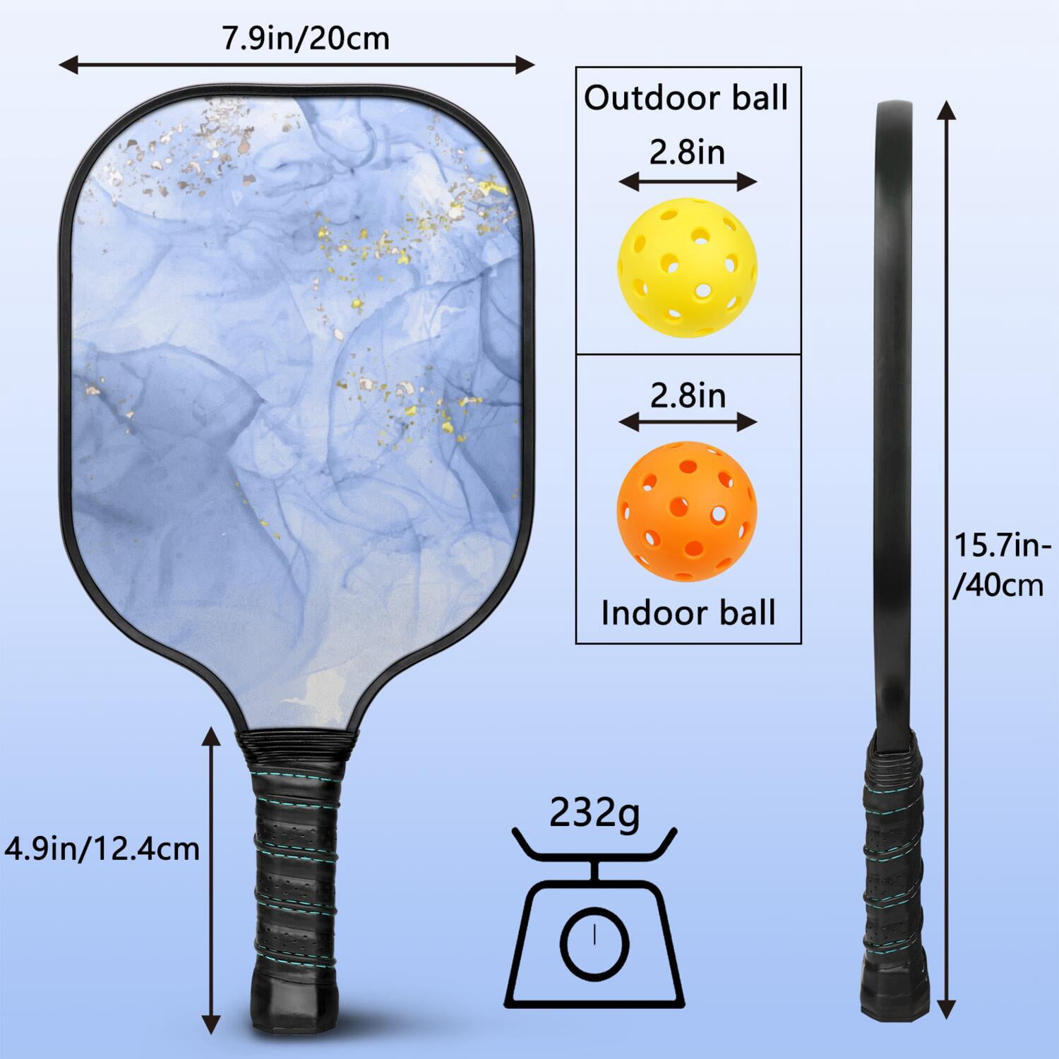 Pickleball Paddles Set Of 1, Fiberglass Surface, Turquoise Marble Pattern, 1 Paddle, 2 Balls & Bag