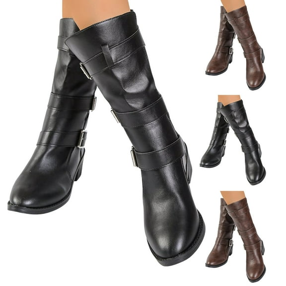 Dakaela Wide Mid Calf Boots for Women Buckles Western Riding Booties Black Brown Round Toe Winter Dress Work Boots Black 6.5