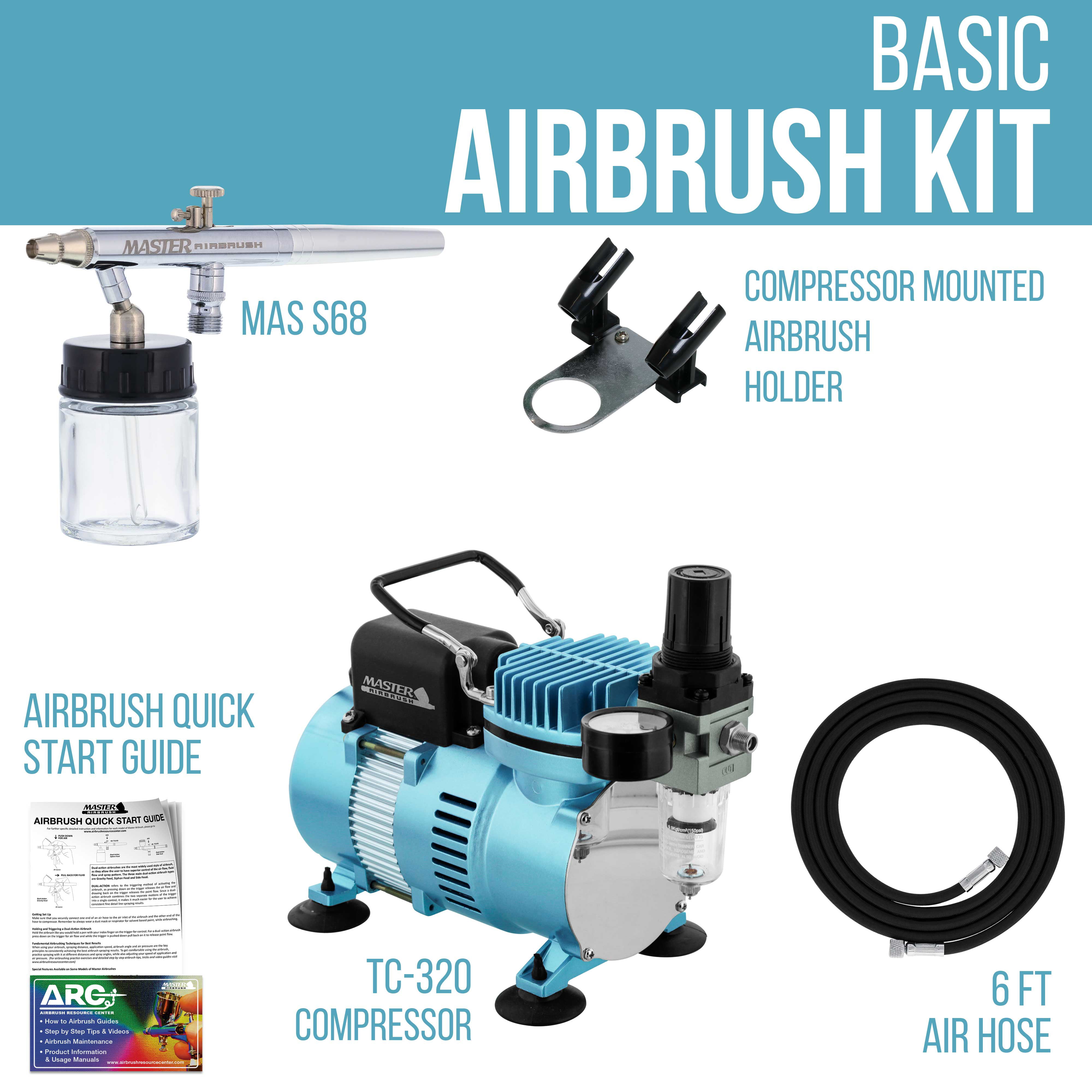Master Airbrush Multi-Purpose Airbrushing System Kit with Siphon Feed  Dual-Action Airbrush 0.35 mm Tip, 3/4 oz Fluid Cup, Pro 1/5 hp Cool Runner  II Dual Fan Air Compressor - Hose, Holder, How
