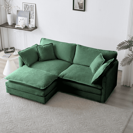 70" Sectional Sofa Couch, Modern Upholstered Loveseat Sofa with Ottoman & Pillows, 2 Seater L-Shaped Sectional Couch Deep Seat Chenille Fabric Sofa for Living Room Apartment Small Space, Green
