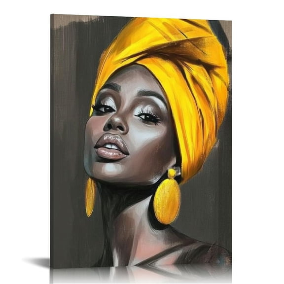 African American Women Canvas Wall Art Black Woman Yellow Hair Beauty Abstract Painting Canvas Prints Living Room Bedroom Bathroom Home Decor Ready to Hang