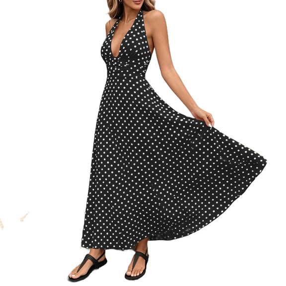 Iyufng Deep V-Neck Polka Dot Print Maxi Dresses for Women Backless Strap Up Stretch Dress