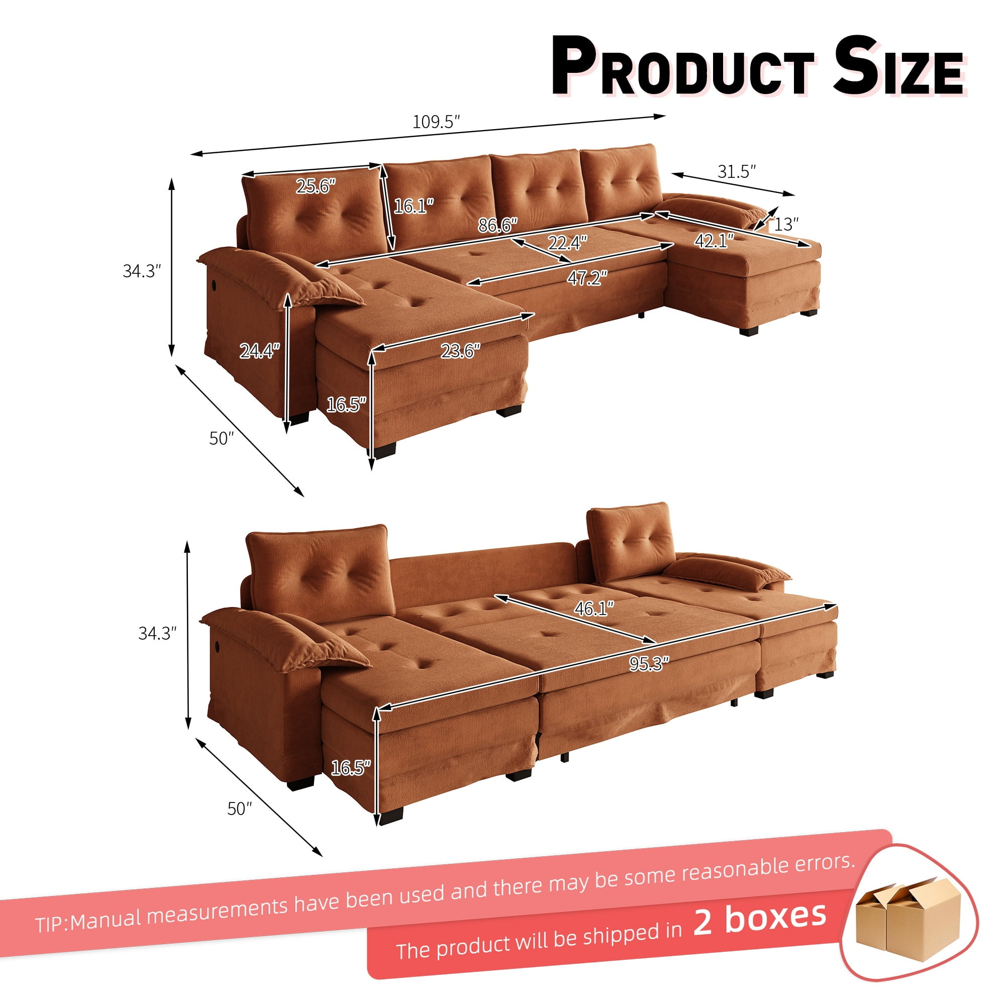 Howcool 110" U-Shaped Sleeper Sofa with Pull Out Bed, USB Ports and Dual Chaise Lounge
