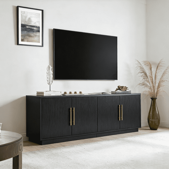 DEXTRUS Meuble Télé Moderne Cannelé de 70 Pouces pour Téléviseurs jusqu'à 80 Pouces, Centre de Divertissement Noir avec Étagères de Rangement et Armoires, Console Multimédia pour Salon