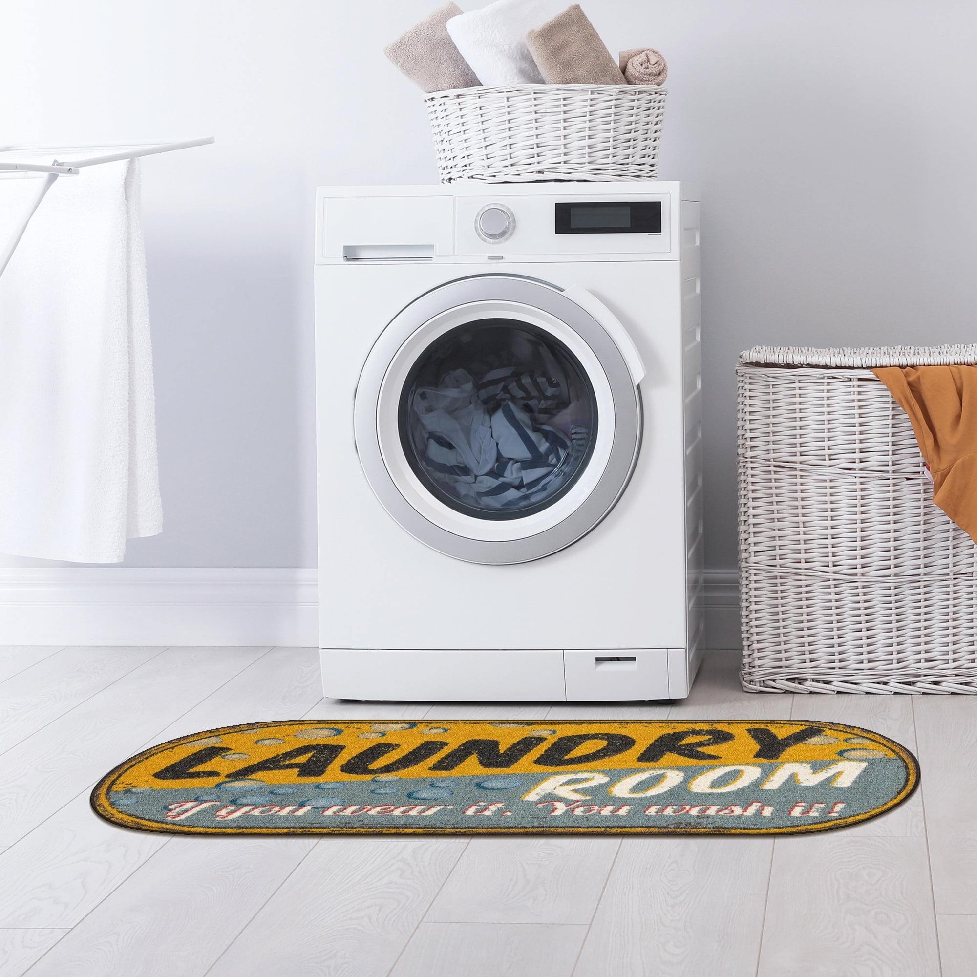 Ottomanson Non-Slip Rubberback Text 2x5 Laundry Room Runner Rug, 20" x 59" Oval, Yellow/Gray