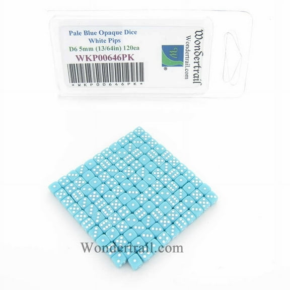 Pale Blue Opaque Dice with White Pips D6 5mm (13/64in) Pack of 120 Wondertrail