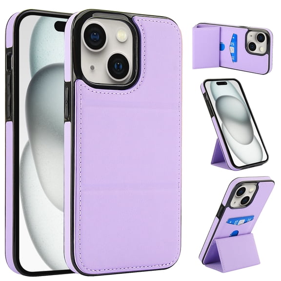 Case for iPhone 15, PU Leather   Soft TPU, Luxury Kickstand Card Slots Back Case Magnetic Ultra Slim Protective Shockproof Phone Cover for iPhone 15, Lightpurple