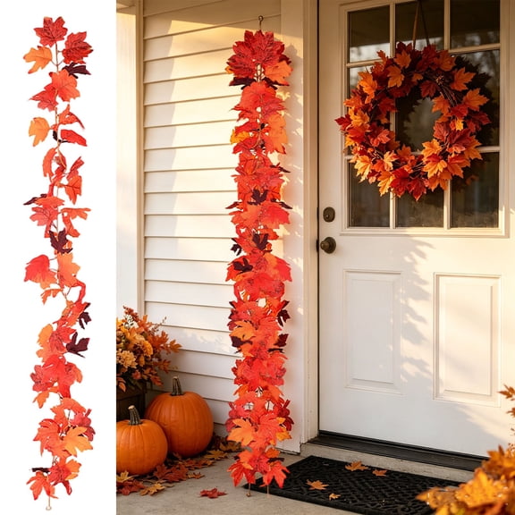Artificial Seasonal Maple Garland, Faux Hanging Leaf Vine, Decorative Foliage For Fireplace Mantel Entryway Dining Table Wall Thanksgiving Harvest Home Decoration